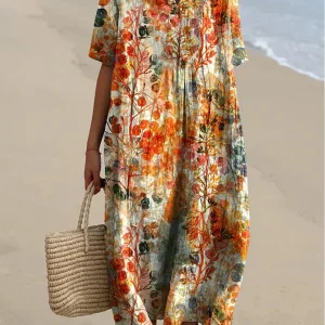 Carlota - Robe élégante et chic à manches courtes, décolleté en V, imprimé floral rétro