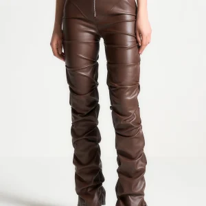 Tacked Leather Flared Trousers - Chocolate Brown
