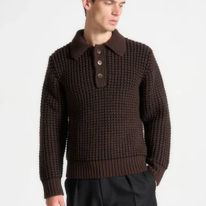 Textured Wool Knit Polo Jumper - Brown