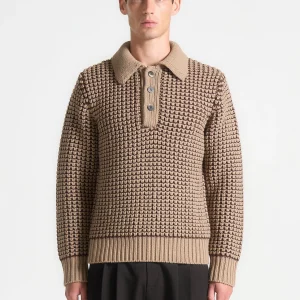 Textured Wool Knit Polo Jumper - Taupe