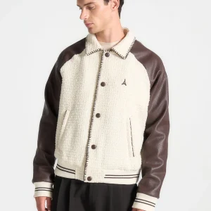 Tweed & Leather Varsity Jacket - Cream/Brown
