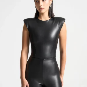 Wide Shoulder Leather Bodysuit - Black