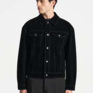 Velvet Contrast Stitch Trucker Jacket - Black
