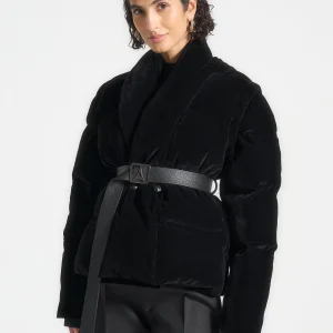 Taya - Velvet Wrap Belted Puffer Jacket - Black