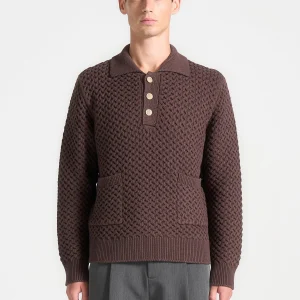 Waffle Knit Polo Jumper - Brown