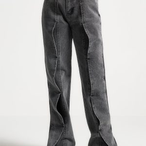 Maé - Wave Detail Straight Leg Jeans - Washed Grey