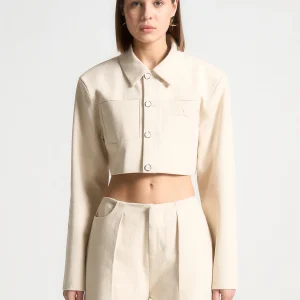 Wide Shoulder Cropped Denim Jacket - Cream