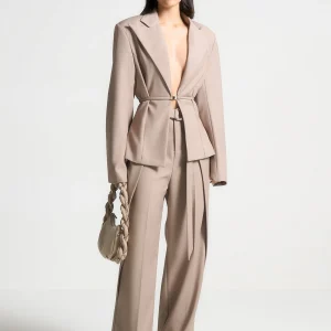Wide Shoulder Tailored Blazer with Twin Belt - Taupe